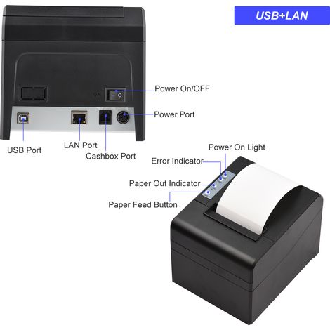 Imprimante de reçus thermique 80 mm Impression directe de bureau Connexion USB + LAN 300 mm/s haute vitesse avec support de coupe automatique ESC/POS pour l'expédition Entreprise Restaurant Cuisine Su (1/5)