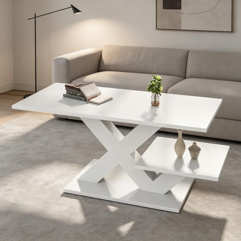 Table basse rectangulaire blanche, double plateau brillant, bout de canapé, table d'appoint en MDF, piètement en X géométrique, charge max 10 kg, 100x48x45 cm (1/5)