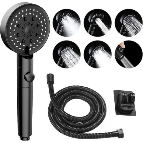 Pommeau de douche - 6 jets - Haute pression - Flexible anti-explosion de 1,5 m avec support auto-adhésif - Douche de pluie - Douchette - Noir (1/5)