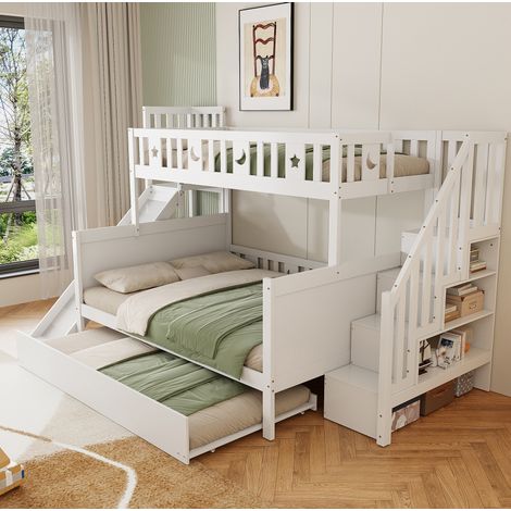 Lit superposé enfant 90/200 et 140/200 cm blanc en bois massif avec toboggan, rangements et lit gigogne (1/5)