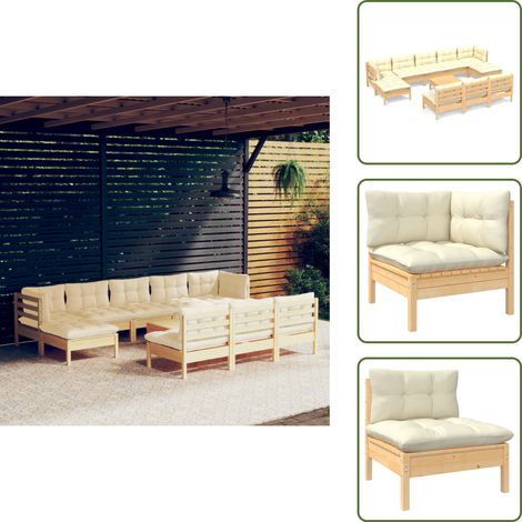 11-tlg. Garten-Lounge-Set mit Creme Kissen Kiefernholz - Gartensaison - Lounge Set - Gartenmöbel - Outdoor Möbel - Rattan Gartenmöbel (1/5)