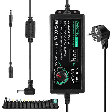 Adaptateur d'alimentation universel réglable 5 A 120 W - Bloc d'alimentation réglable 3 V-24 V - Bloc d'alimentation universel 100 V-240 V AC vers CC avec indicateur de tension LED et 14 prises (1/5)