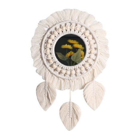 Macrame Fringe Wall Mural with Wood Beads Feather Pendant Round Wall Art Mirror for Bedroom Hallway Living Room Home Decor (Leaf) (1/4)
