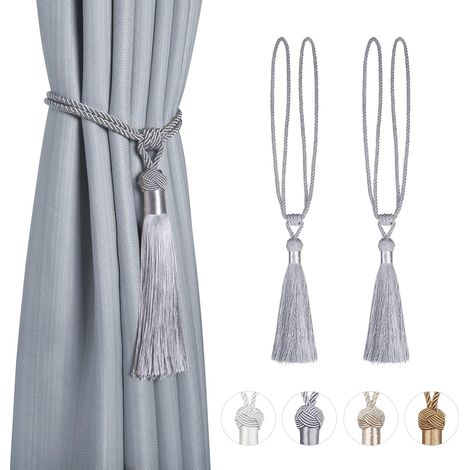 Lot de 2 Embrasses de Rideaux Corde Tressée Polyester Coton Sangle Embrasses de Draperie avec Gland Décoratives Accessoires de Rideau,Gris