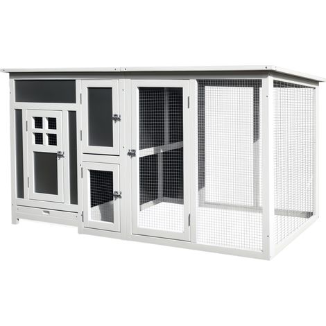 Hühnerstall Hühnerhaus aus Holz 160 x 75 x 80 cm Freilaufgehege mit Tür Nistkasten wasserdicht Dach herausziehbarem Tablett Sitzstange Auslauf Hühnergehege für 1-2 Hühner für Garten Grau+Weiß