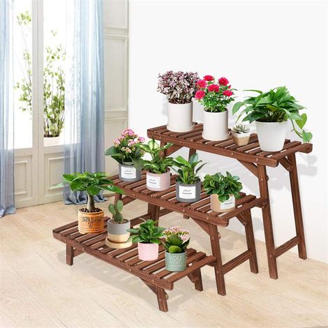 Lot de 3 Étagères Plantes Fleurs en Bois Support de Pot de Plantes Escalier pour Jardin Terrasse Balcon (1/5)