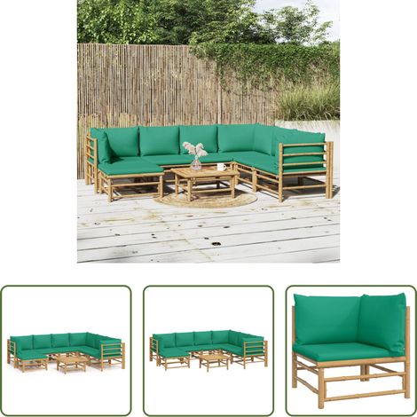Bambusmöbel -  8-tlg. Garten-Lounge-Set mit Grünen Kissen Bambus (1/5)