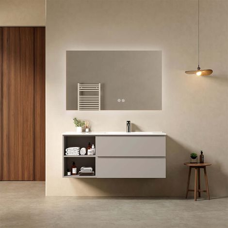 Mobile bagno sospeso 120 cm Grigio Cenere Lavabo a Destra in Ceramica Specchio Quadro Retroilluminato - Fiji Paint Plus (1/4)