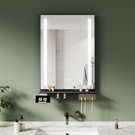 ELEGANT LED Bathroom Mirror 500x700 with Storage Shelf, Dimmable 3-Colour Lights and Anti-Fog, Stylish Functional