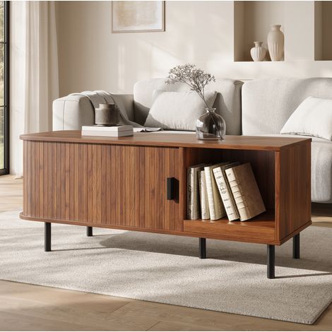 Couchtisch mit Schiebetür, 110 x 40 x 55 cm, mit Stauraum, Walnuss, OKMYHOME (1/5)