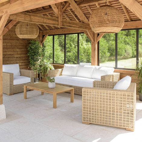 Macabane – Salon de jardin 6 places en rotin synthétique ajouré beige – Dimensions canapé 242x100x71cm – Table basse 140x70x41cm – Confort et élégance (1/5)