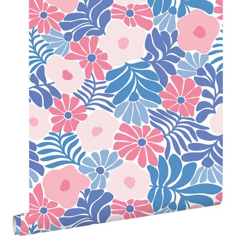 papier peint fleurs dans le style Matisse bleu et rose - ESTAhome (1/5)