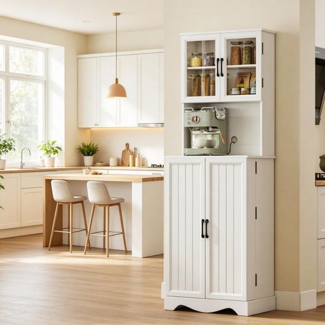 Armadio alto da cucina bianco con piano, 4 ante e 8 portaspezie, 60 x 39,5 x 179,6 cm (1/5)