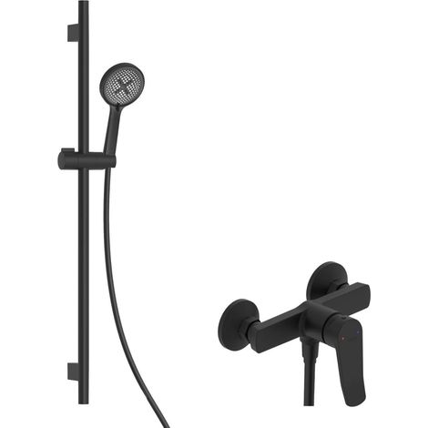 kielle Nefia - Set de douche avec mitigeur, colonne, flexible et pommeau de douche EcoSpare, noir mat 20627SN14