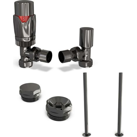 Stirling Bold - Thermostatic Radiator Valve & Installation Kit - Black Nickel Angled 15mm