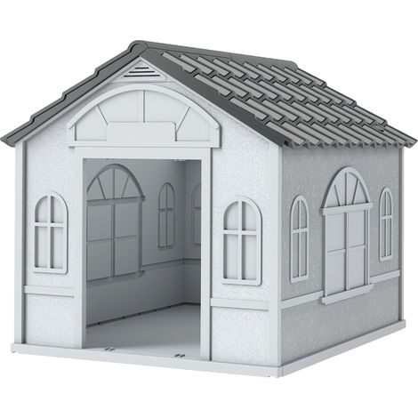 Casa pour chien 65x75,7x63 cm avec fenêtre et toit imitation tuiles gris blanc