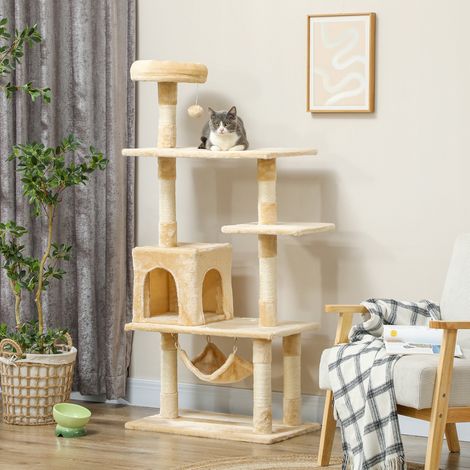 Arbre à chat géant 70 x 40 x 152 cm avec plusieurs plateformes, hamac et poteaux, beige