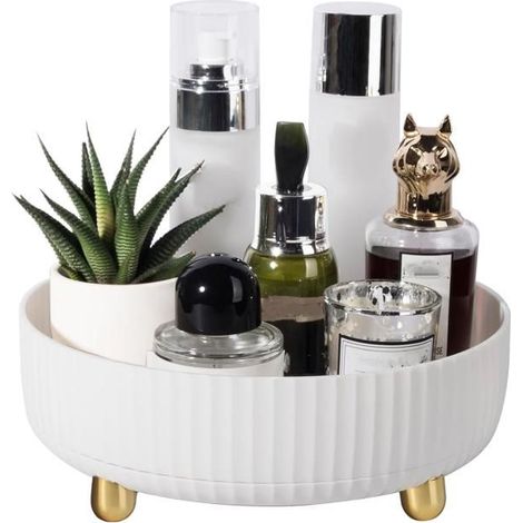 1 plateau rotatif 360° pour maquillage et parfums, blanc ivoire, design minimaliste, pour coiffeuse et salle de bain (1/5)