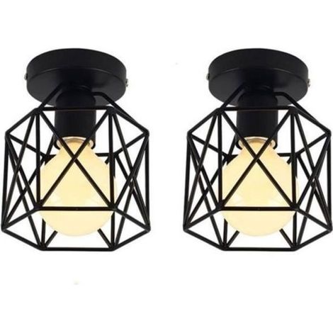 Lot de 2 Plafonnier Industrielle en Métal Cage Carré, Lustre Abat-jour Fer Luminaire E27 40W Noir pour Salon Chambre Bar (1/4)