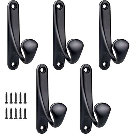 5-Piece Screw-On Wall-Mounted Coat Hooks, Minimalist, Sturdy Zinc Alloy Wall Hooks, Coat Rack for Doorway, Entrance, Bedroom, Bathroom, Multi-Purpose, Hooks and Screws Included - Black