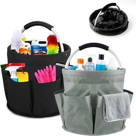 Lot de 2 panier menage transportable, rangement produits menagers de nettoyage, pliable, portable, avec poignée et 6 poches, sac de nettoyage pour appareils, outils, ustensiles de nettoyage (1/5)