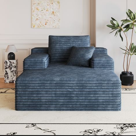 Canapé moelleux en velours côtelé (115x159 cm), assise spacieuse, canapé d'angle modulable sans bâti, garnissage mousse, prêt à l'emploi, modèle compact pour séjour, chambre ou studio, teinte bleue (1/5)