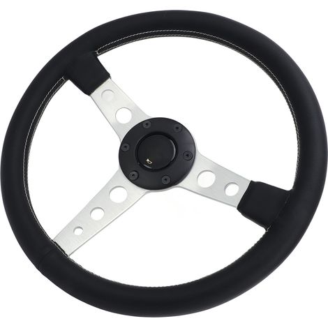 Volant de 14 pouces en cuir blanc avec surpiqûres intérieures, cadre argenté et branches en alliage d'aluminium, universel pour voiture et véhicule. (1/5)