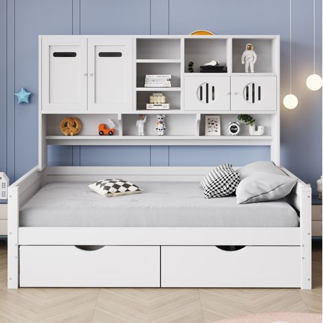 lit adulte 90x200 rangement tiroirs canapé bois blanc OKMYHOME (1/5)
