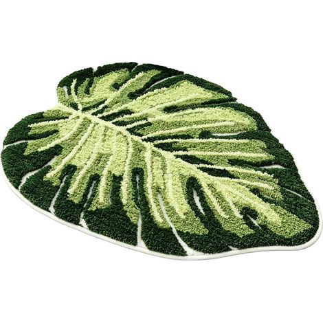 Tapis de Bain Vert 50x80 cm, Forme Feuille de Monstera, Tapis de Douche Doux et Absorbant, Tapis de Salle de Bain Antidérapant avec Dos en TPR, Lavable en Machine (1/5)