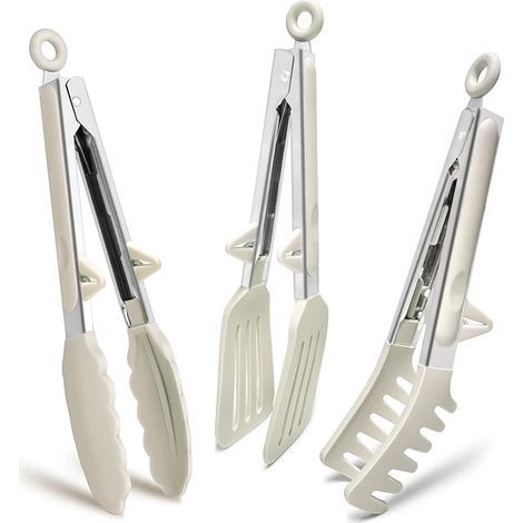 Pince Cuisine Inox 23 cm Lot de 3 Pince Barbecue avec Embouts en Silicone Pince Plancha pour Griller Barbecue Buffet Blanc (1/4)
