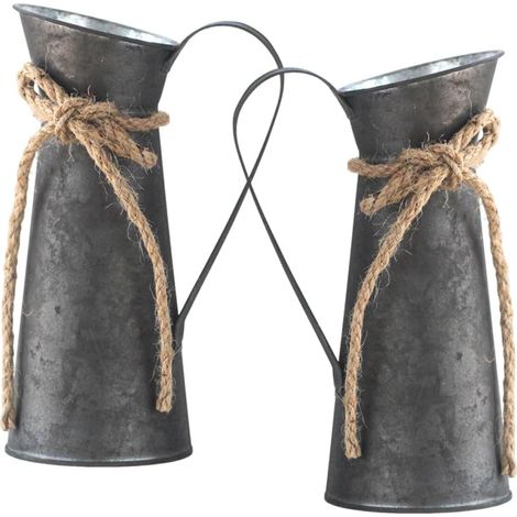 Pichet Vintage en Fer Galvanisé Noir 2pcs Corde de Jute, Vase Décoratif Rustique Polyvalent Cuisine et Salon (1/5)