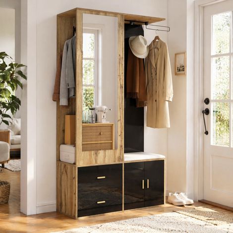 Mueble de entrada con espejo, perchero y banco zapatero 100 x 38 x 180 cm negro y madera HAVRYA (1/5)