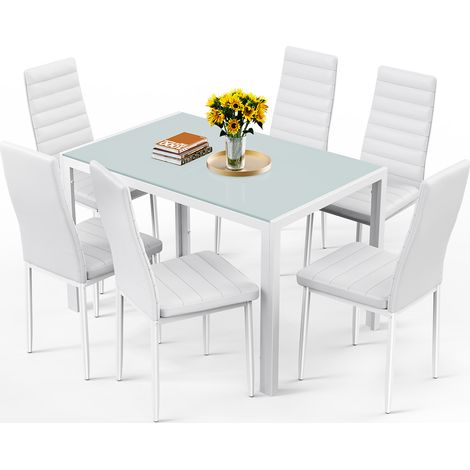 Bealife Esstisch-Set mit 6 Stühlen – 1 Sicherheitsglas-Tisch und PU-Leder-Stühle mit Metallgestell & weißen Gummifüßen