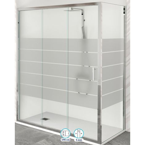 Mampara Ducha Rectangular Frontal Corredera 1 Puerta 1 Fijo  Cristal Templado 5mm Serigrafía  Altura 190cm  Perfil Cromo Brillo 150 cm (Adaptable 144-149cm) X 80cm (1/2)