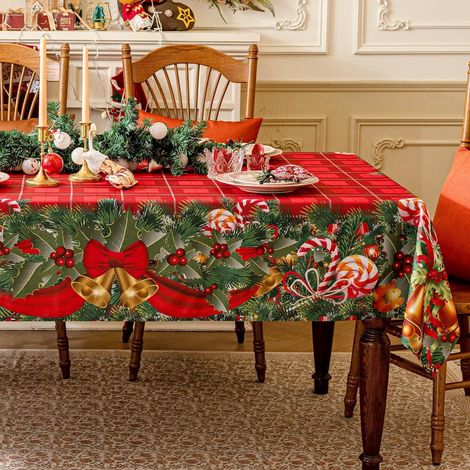 Weihnachtliche Tischdecke Rot kariert mit Glocken und Zuckerstangen 152x259 cm