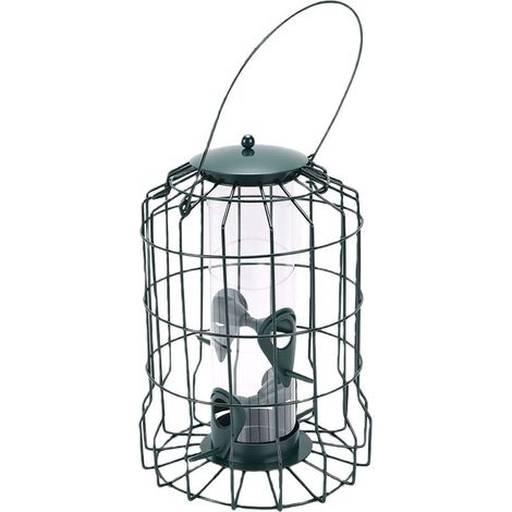 Mangeoire à oiseaux en métal anti-écureuils à suspendre à l'extérieur, avec 4 ports, tube en polycarbonate pour jardin (vert). (1/5)