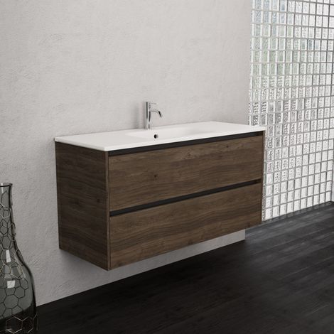 Inda - Badezimmerschrank 2 Schubladen B.120 mit mattiertem Waschbecken / Braune Eiche - Smeraldo (1/5)