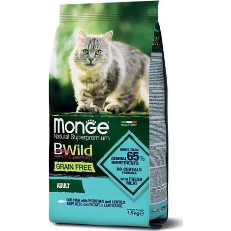 Monge Cat Bwild Grain Free Adult Merluzzo Patate e Lenticchie  - Monge Cat Bwild Grain Free Adult Merluzzo Patate e Lenticchie - Sacco Da 1,5 Kg
