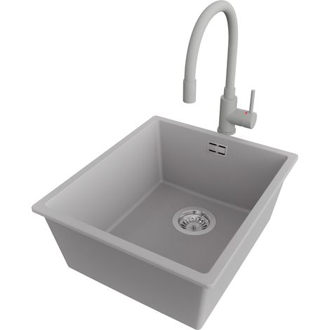 PRIMAGRAN Evier Cuisine en Granit 41x47cm,Lavabo 1 bac + Robinet 38x14cm + Kit de Vidage, Évier à Encastrer au meuble 45cm - London Slim, Gris (1/5)