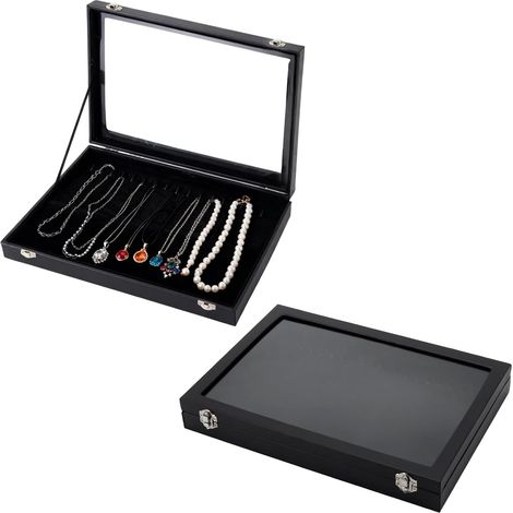 Lot de 2 présentoirs en velours à 20 crochets avec couvercle en verre verrouillable pour colliers, bracelets, boucles d'oreilles (noir) (1/5)