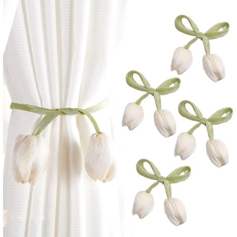 Embrases à rideaux, lot de 4, blanches, motif tulipe, cordons de maintien décoratifs, fixation pratique pour rideaux, pour fenêtre et décoration intérieure (1/5)