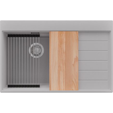 PRIMAGRAN Evier Cuisine en Granit 78x50cm,Lavabo 1 bac + Kit de Vidage + Accessoires, Évier à Encastrer au meuble 50cm - Sydney, Gris (1/5)