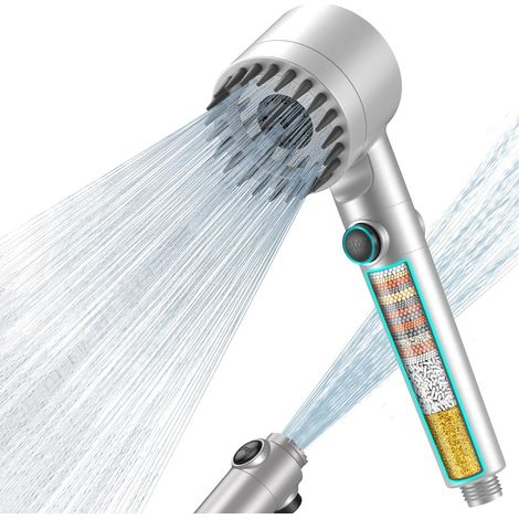 Pommeau de Douche Anti Calcaire avec 15 Étapes Filtre et avec Tuyau 1,5M, Filtre Douche 3 + 1 Types de Jets Pommeau Économie Deau Haute Pression - Argent (1/5)