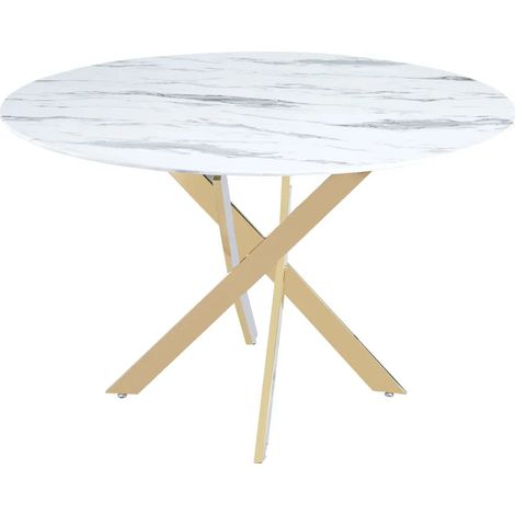 Table à manger JESSICA XXL Gold verre effet Marbre Blanc 120 cm