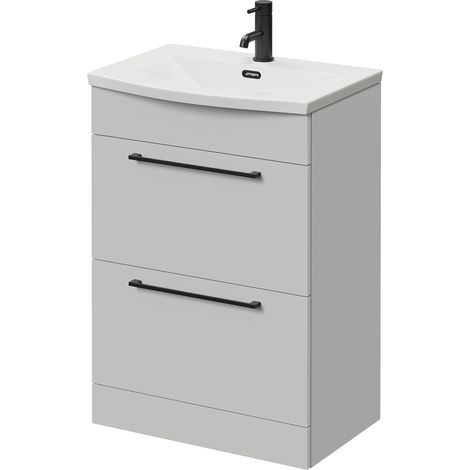 Napoli 390 Gloss Grey Pearl 600mm 2 Drawer Vanity Unit with Arc Basin - 600mm - Matt Black 320mm Handle