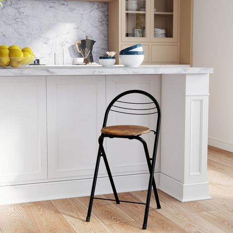 Tabouret de bar pliable pratique avec dossier, adapté intérieur extérieur et divers espaces, pieds noirs, assise marron (1/5)