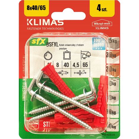 Chevilles Universelles Klimas 8 x 65 Avec Crochet Droit, Blister De 4