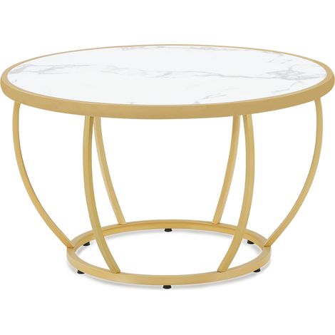 BarberPub Couchtisch Rund Holz, Moderner Sofatisch, Kleiner Beistelltisch Metall, Kaffeetisch für Wohnzimmer, Schönheitssalon, Wohnzimmertisch Marmor-Weiß Gold, 80x80x46,5cm, 2185 (1/5)