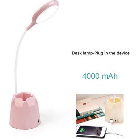 Lampe de Bureau LED Lampe à poser Porte stylo Lampe de Table Sans Fil 3 Niveau de Luminosité Livre Table Ajustable,Charge USB Rose (1/4)