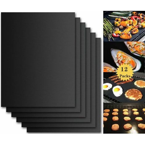 Tapis de Cuisson Barbecue, 12Pièces Tapis BBQ Set,Feuille de Cuisson ,Cuisson Mats Reutilisable Extérieur pour Grille Barbecue,Feuille de BBQ,Antiadhésif BBQ Grill Mat ,3304000.2mm(Noir) (1/5)